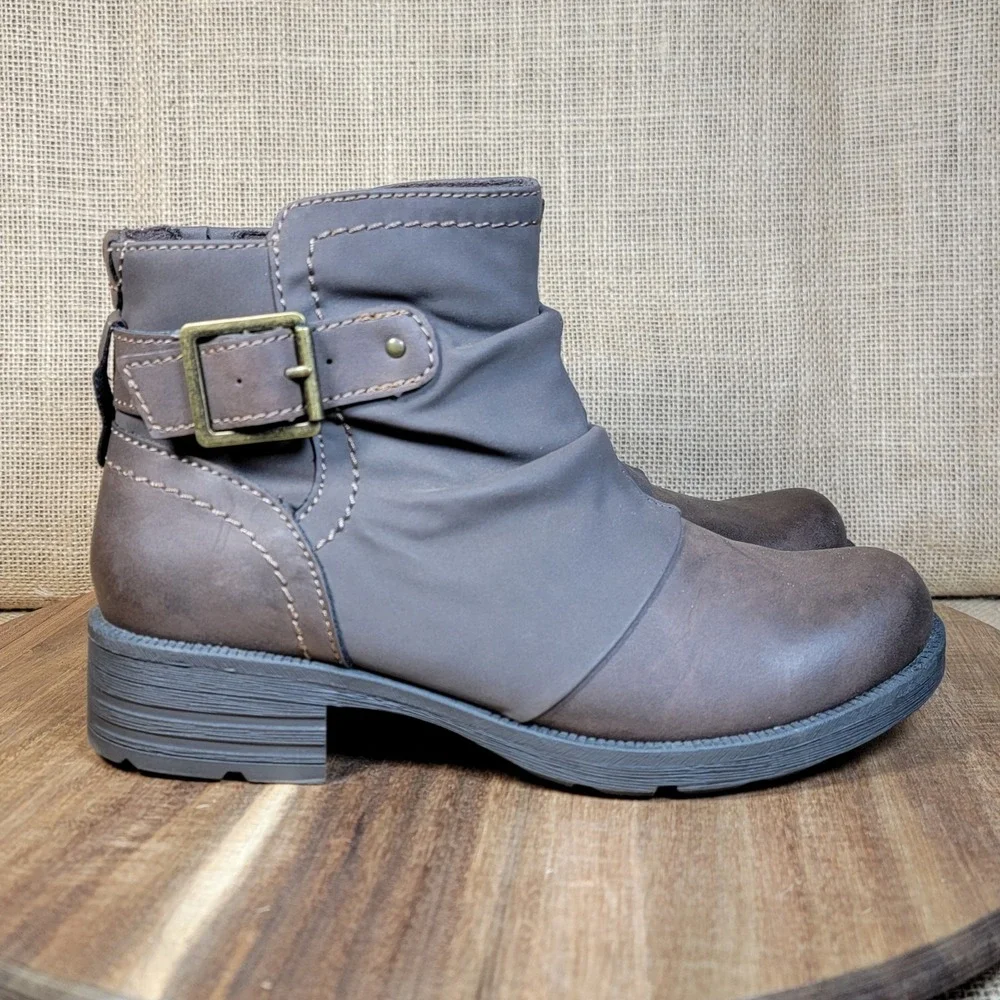 Earth Origins Ankle Boots Raveen Buckle Side Zip Comfort Moto Brown Women Size 6